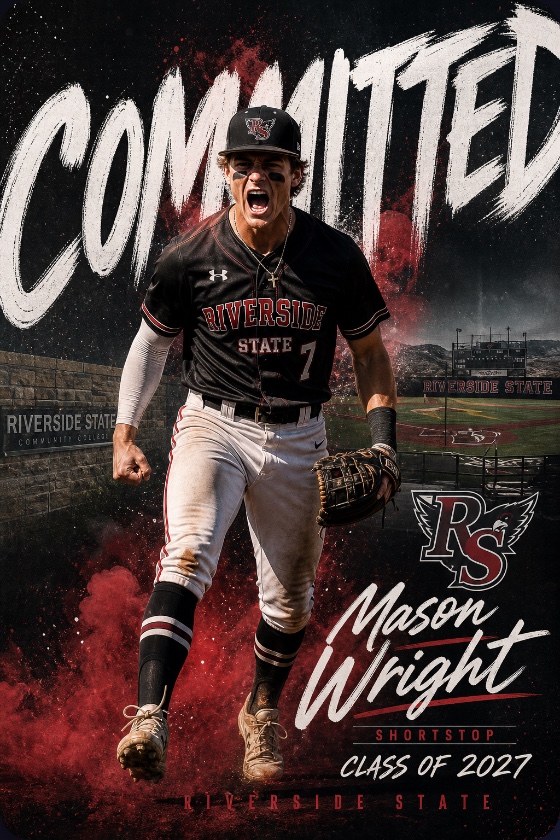 Baseball commitment graphic — Mason Wright, shortstop, Riverside State, Class of 2027, grunge action style