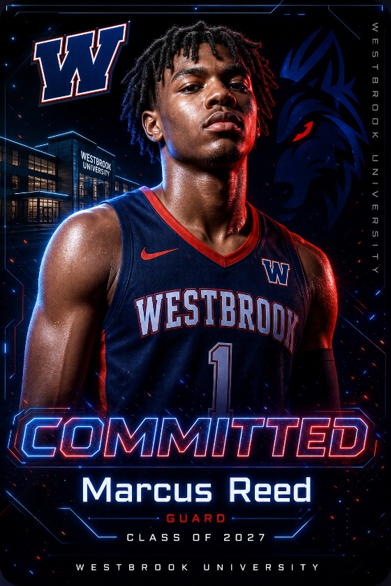 Basketball commitment graphic — Marcus Reed, guard, Westbrook University, Class of 2027, cyber broadcast style