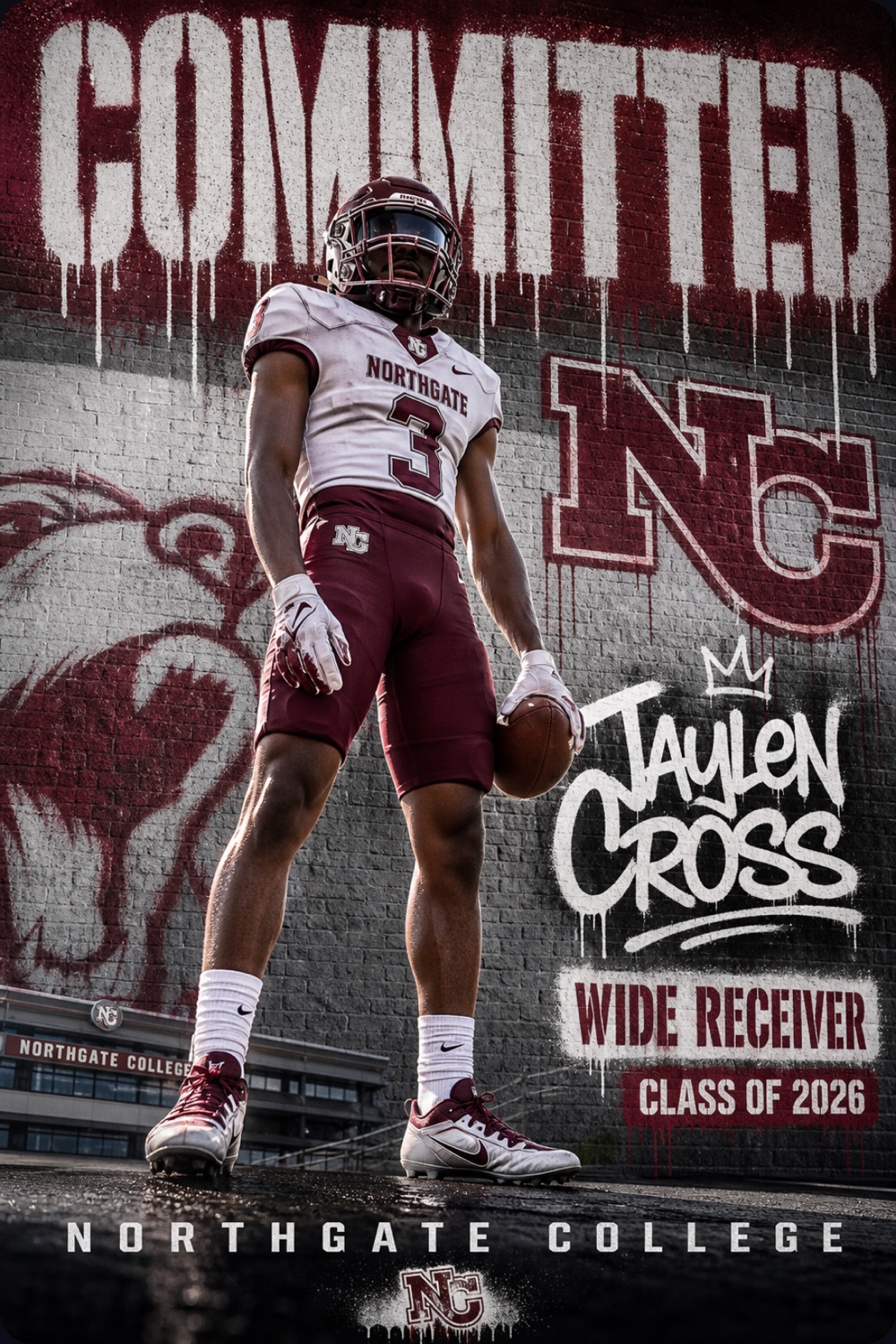 Commitment graphic for football wide receiver Jaylen Cross, Northgate College, Class of 2026