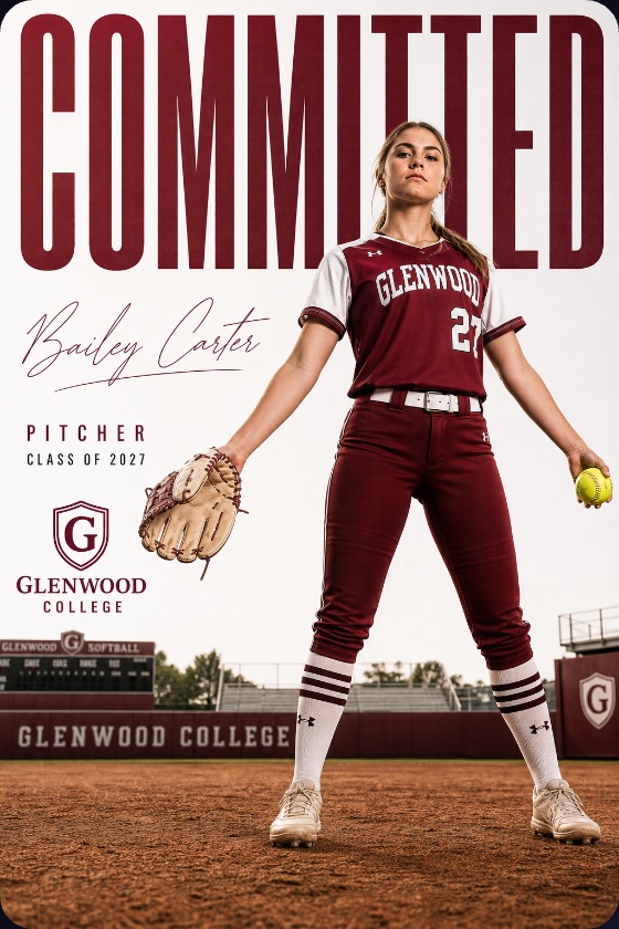 Softball commitment graphic — Bailey Carter, pitcher, Glenwood College, Class of 2027, editorial magazine style