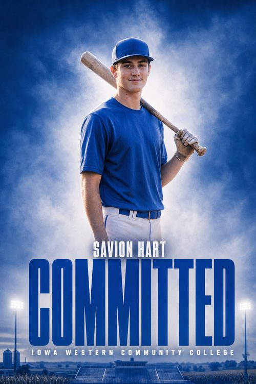 Baseball commitment graphic for Iowa Western Community College in royal blue, Haze style, made with CommitGraphics
