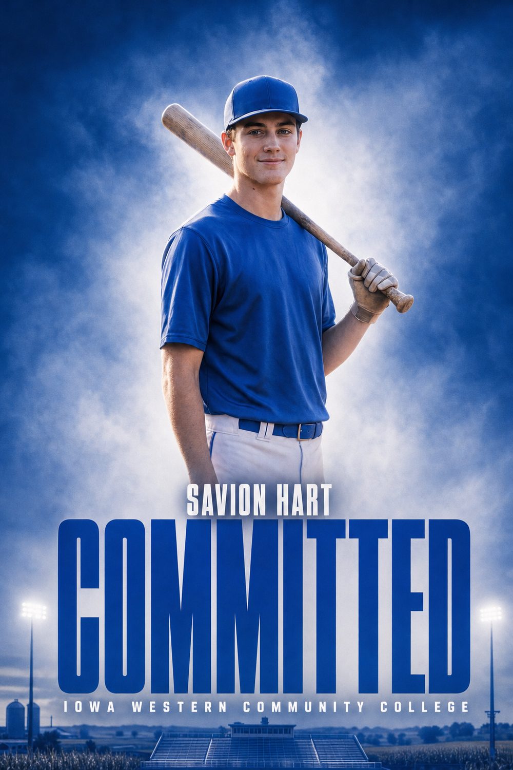Baseball commitment graphic for Iowa Western Community College in royal blue, Haze style, made with CommitGraphics