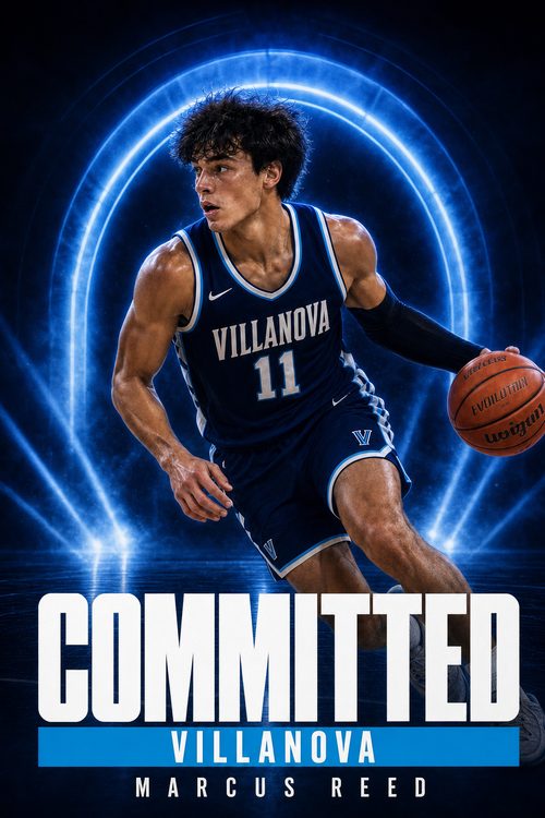 Basketball commitment graphic for Villanova in navy and blue, Lights Out style, made with CommitGraphics