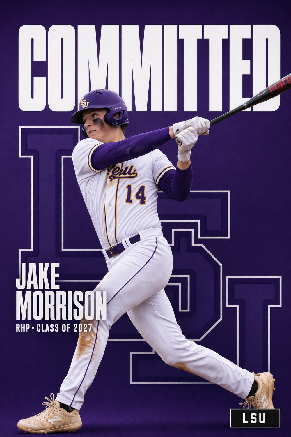 Baseball commitment graphic for LSU in purple and gold, Team Color style, with RHP and Class of 2027 under the name, made with CommitGraphics