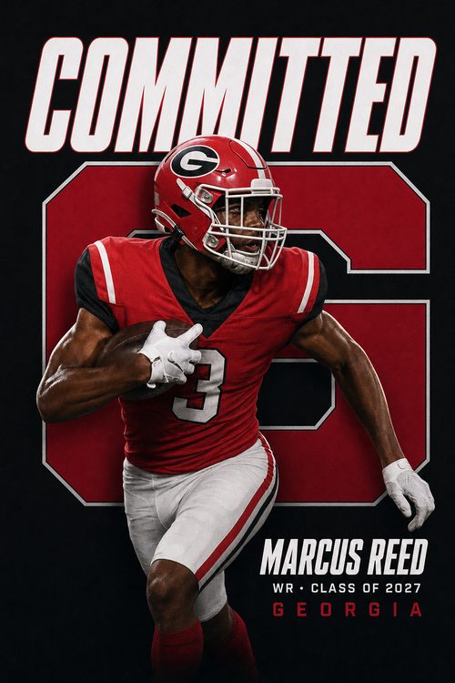 Football commitment graphic for Georgia in red and black, Monogram style, with WR and Class of 2027 under the name, made with CommitGraphics