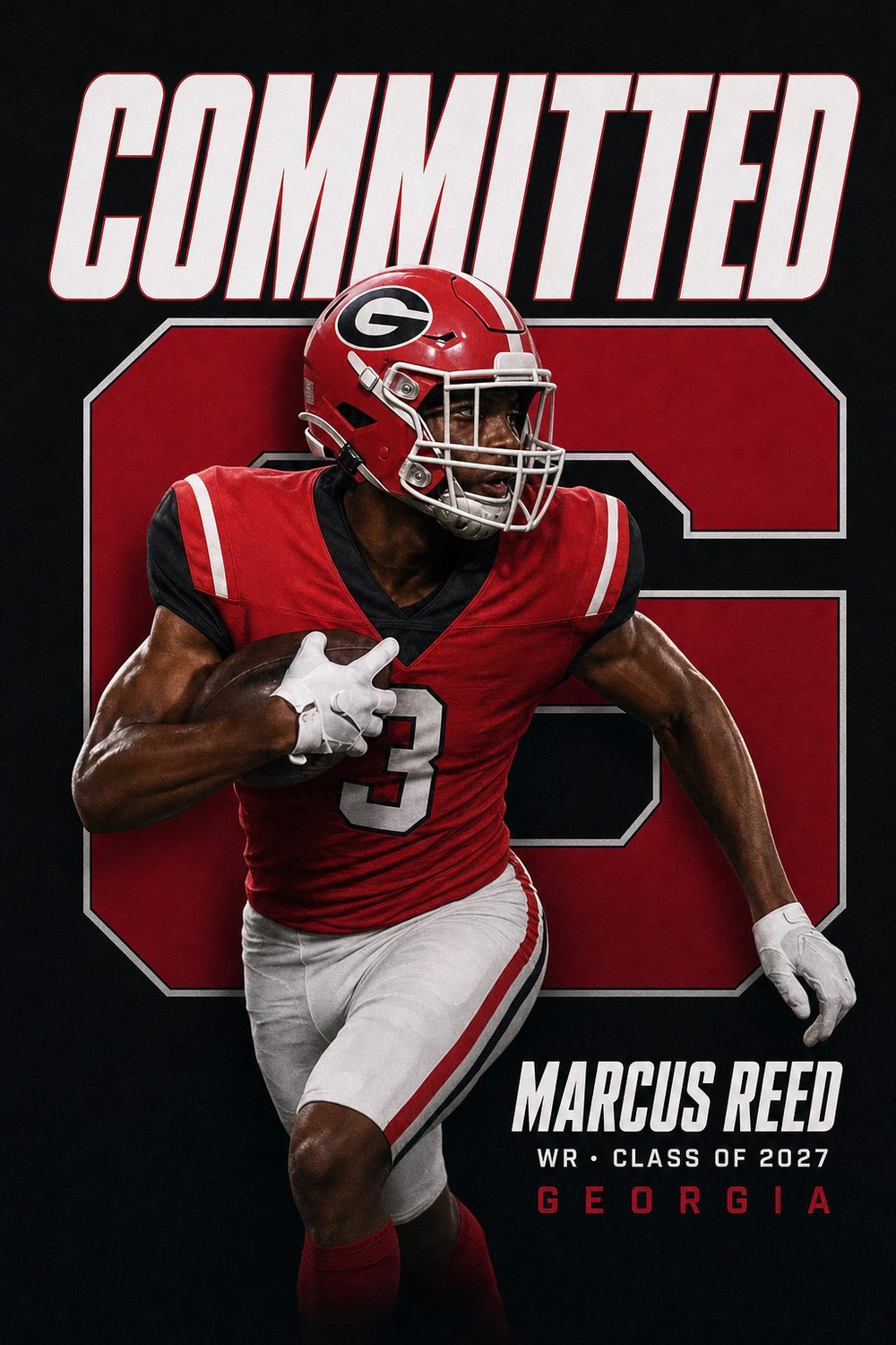 Football commitment graphic for Georgia in red and black, Monogram style, with WR and Class of 2027 under the name, made with CommitGraphics