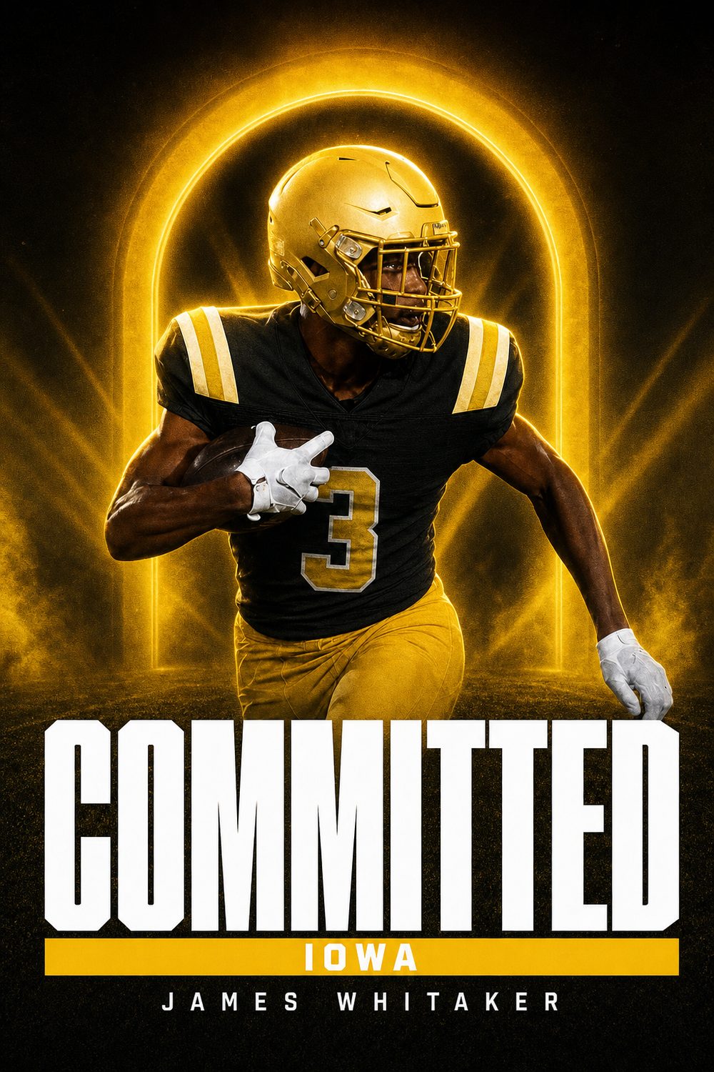 Football commitment graphic for Iowa in black and gold, Lights Out style, made with CommitGraphics
