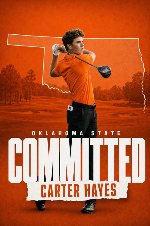 Golf commitment graphic for Oklahoma State in orange with the state outline, made with CommitGraphics