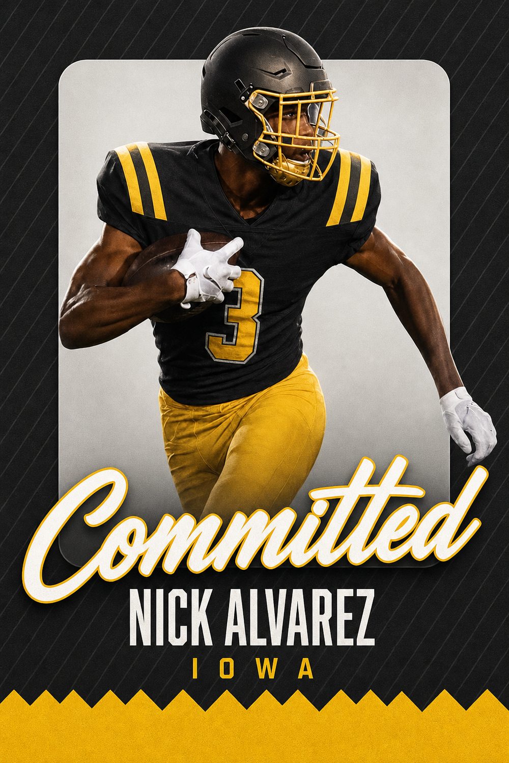 Football commitment graphic for Iowa with a card frame and script Committed headline, made with CommitGraphics