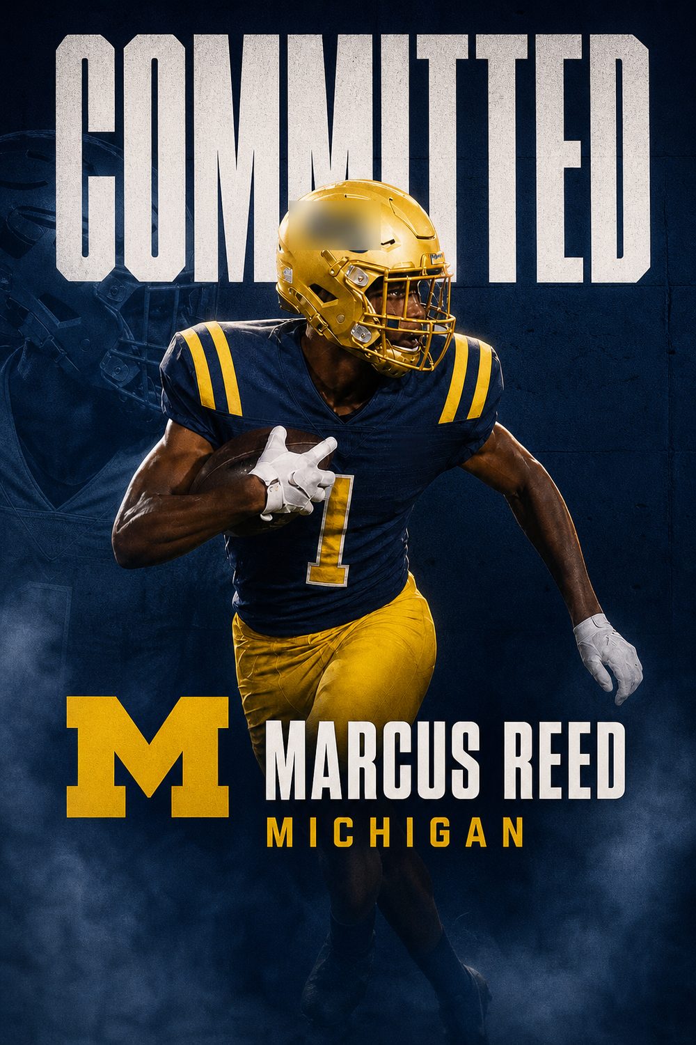 Football commitment graphic for Michigan in navy and maize, Monument style, made with CommitGraphics