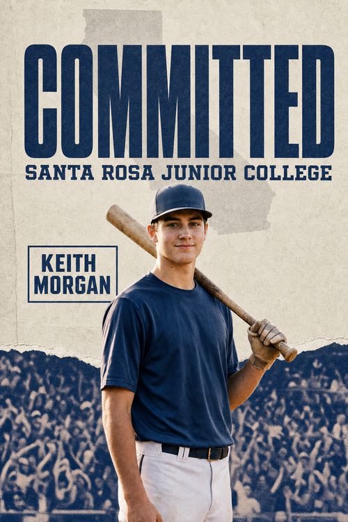 JUCO baseball commitment graphic for Santa Rosa Junior College in navy, Press Poster style, made with CommitGraphics