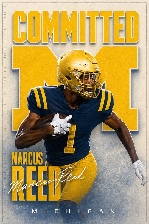 Football commitment graphic for Michigan in maize and blue, Varsity style, made with CommitGraphics