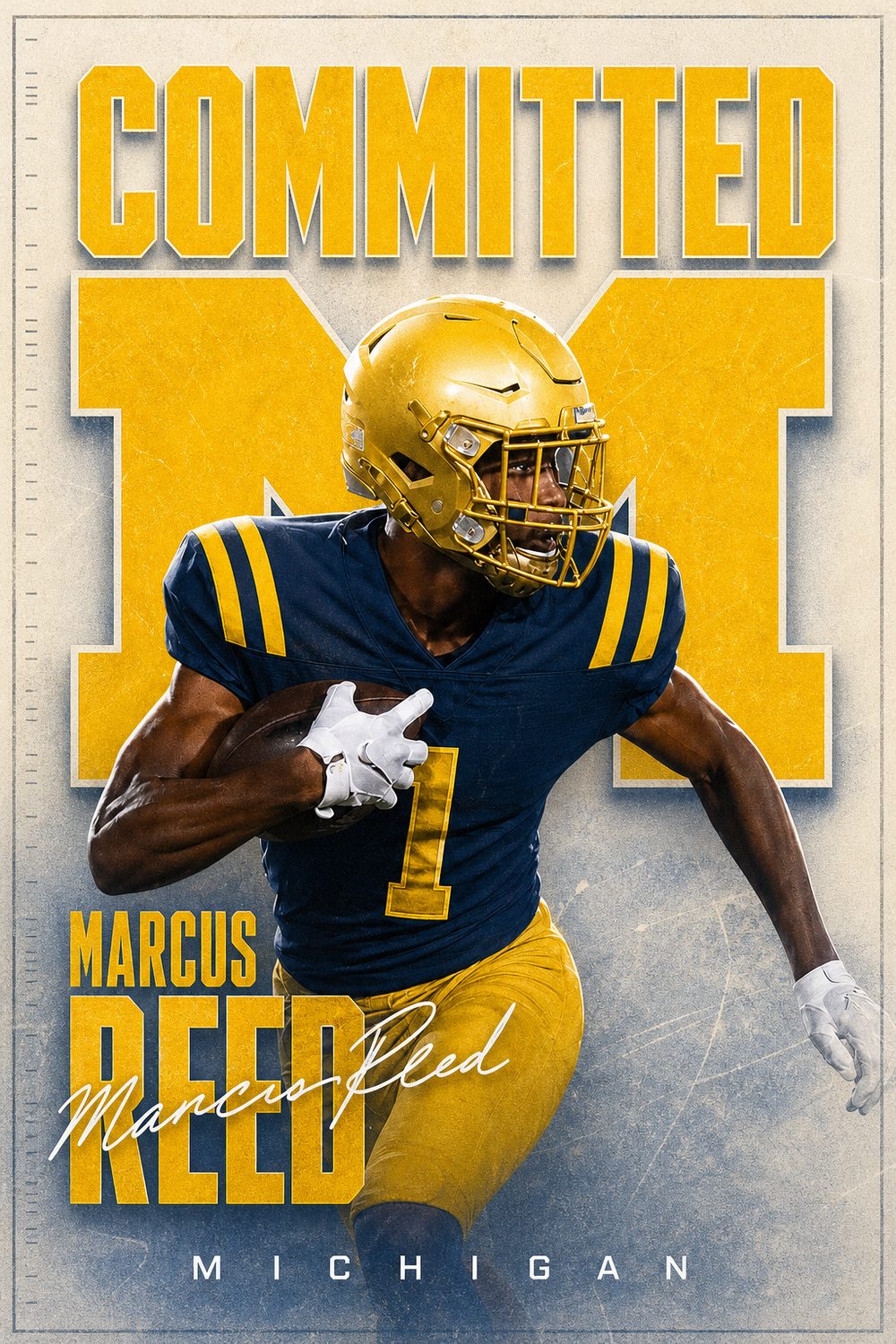 Football commitment graphic for Michigan in maize and blue, Varsity style, made with CommitGraphics