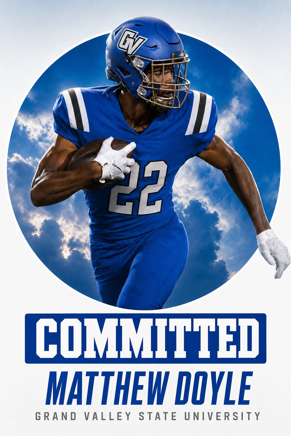 Football commitment post for Grand Valley State in blue, Circle style, made with CommitGraphics