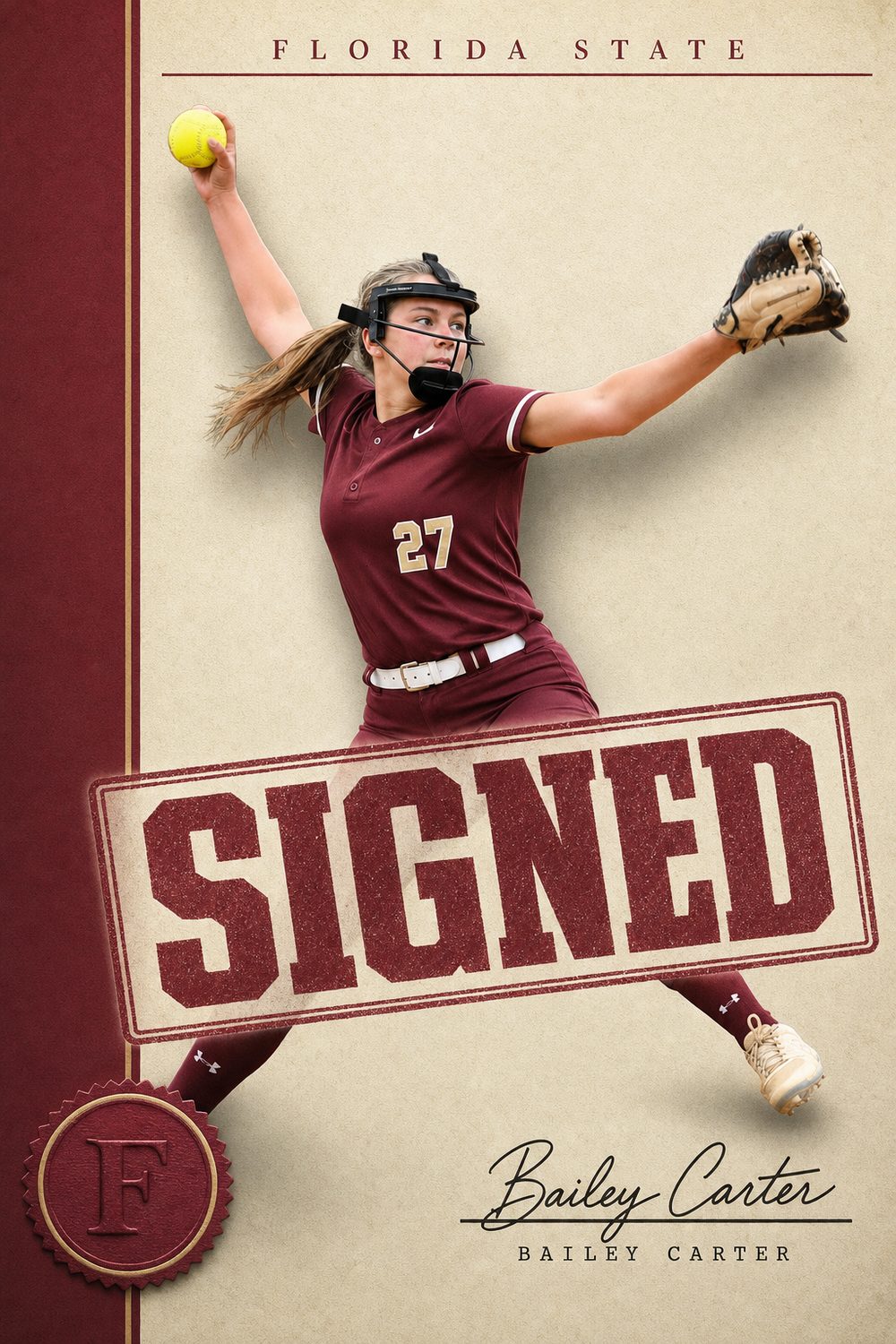 Softball SIGNED graphic for Florida State in garnet and gold, made with CommitGraphics