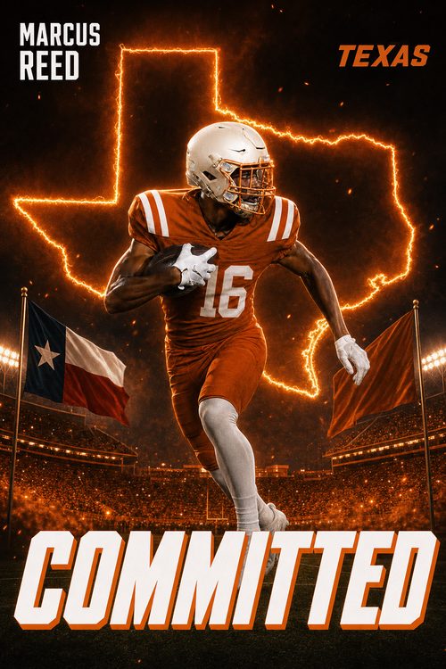 Football commitment graphic for Texas in burnt orange with a neon state outline, made with CommitGraphics